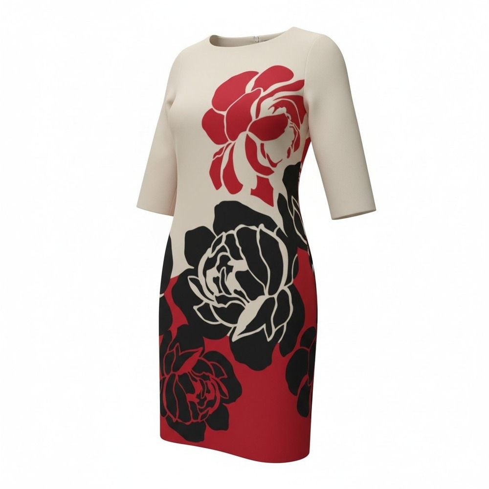 Chico's Floral Scuba Knit Sheath Dress Women 1 M Beige Red Black Mod Career